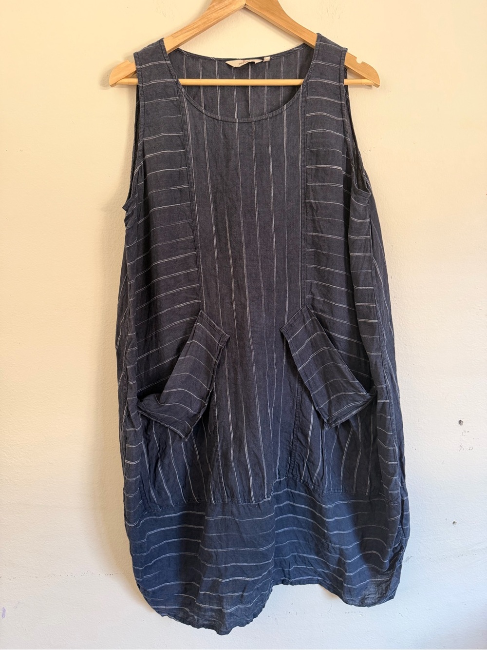 Cheyenne Linen Striped Tulip Balloon Dress S/M Blue Asymmetric Pocket Lagenlook
